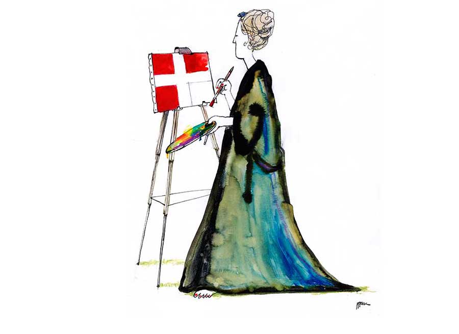 Dronning Margrethe indviede Museet for Dansk Bladtegning i år 2000. Dronningen er også portrætteret mange steder i museets samling, her i Poul Holcks streg. Foto: Museet for Dansk Bladtegning