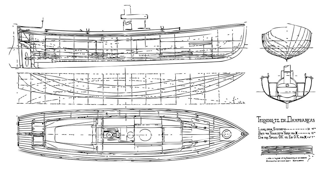 Denne "Tegning til en dampbarkas" angiver længe, bredde og dybde for fartøjet. Billede: Fregatten Jylland