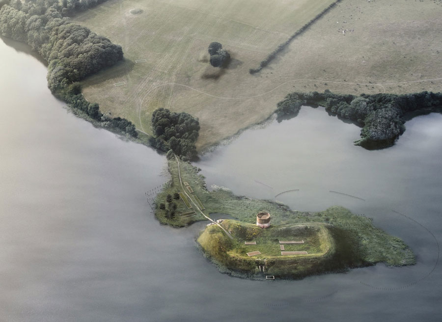 Med den nye landskabsformidling kan besøgende opleve, hvordan arkæologerne mener, at anlægget omkring Hald Ruin har set ud. Visualisering: Erik Brandt Dam Arkitekter