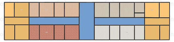 Etageplanen viser seks lejligheder i hver sin farve, med to i gavlenderne og fire "aflange" lejligheder derimellem. Tegning: Janni Tara Skjoldborg