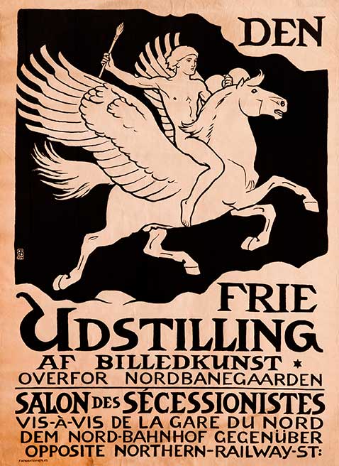Pegasus, Den Fries frontrelief, er symbol på den frie kunst og digternes inspiration i græsk mytologi. Her på en plakat fra 1904. Foto: Jens Lindhe