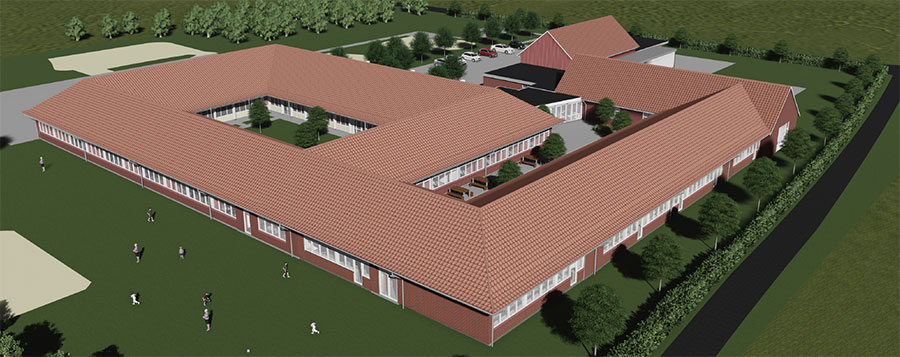 Esbjerg International School har til huse i en tidligere folkeskole, der nu udbygges med nye lokaler, mens eksisterende faciliteter også opgraderes. Visualisering: NIRAS