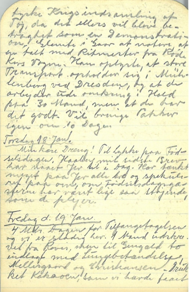En side fra politimanden Laurits Rasmussens dagbog, dateret januar 1945, 4 mdr. efter han blev arresteret og sendt i koncentrationslejr. Foto: Arkiv.dk