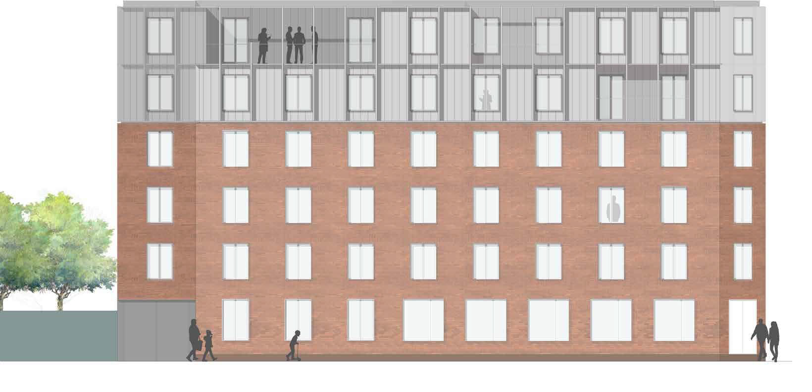 En ny etage bygges ovenpå 4. salen, der også udvides ligesom stueplanet. Illustration: Albjerg & Buchardt arkitekter